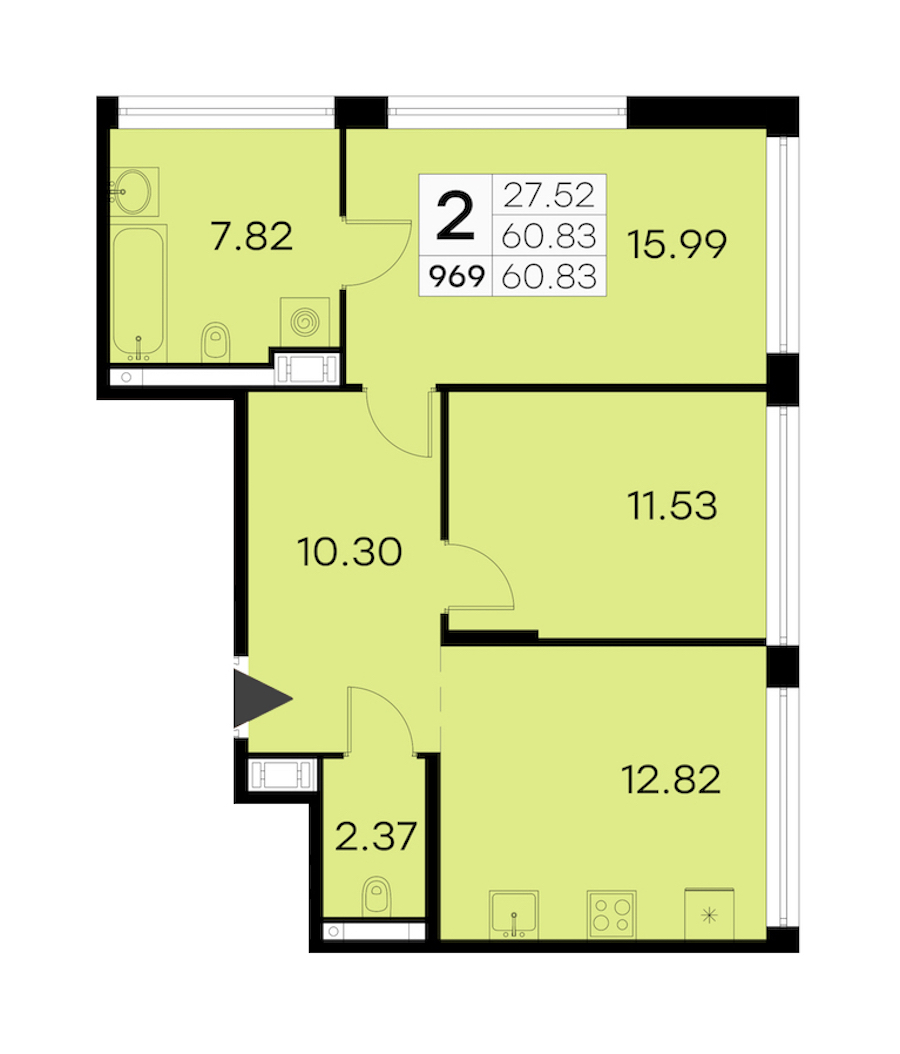 2-комнатная квартира 60.83 м², 15/19 эт., ЖК «GloraX Aura Vasileostrovsky»